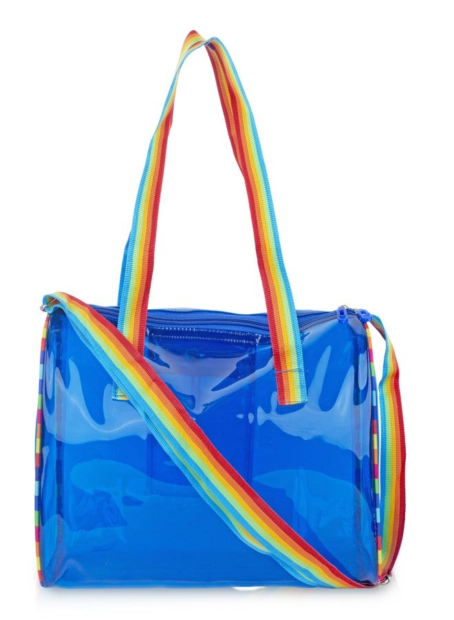 Echo Boomers See-Through Jelly Duffle - Blue Transparent Bag with Rainbow Handles | Trendy Handbag for School, Gym, Travel, Beach - Image 1